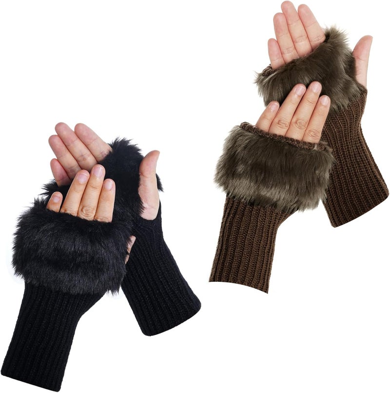cnomg Winter Faux Fur Fingerless Gloves Faux Fur Half Finger Warmers Fingerless Gloves for Women Girls Working Writing - Image 1